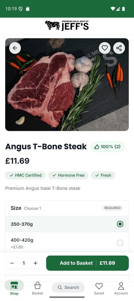 Product page with size options